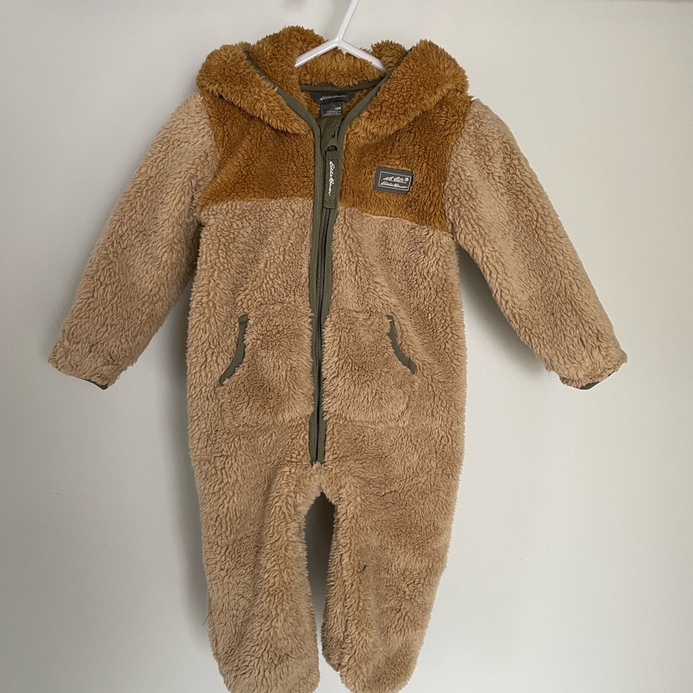 Eddie Bauer Tan and Brown Fleece Kids Bunting Suit